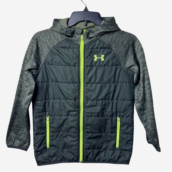 Under Armour Day Trekker Hybrid Jacket Boys Youth Medium Green Puffer Hoodie - Picture 1 of 13
